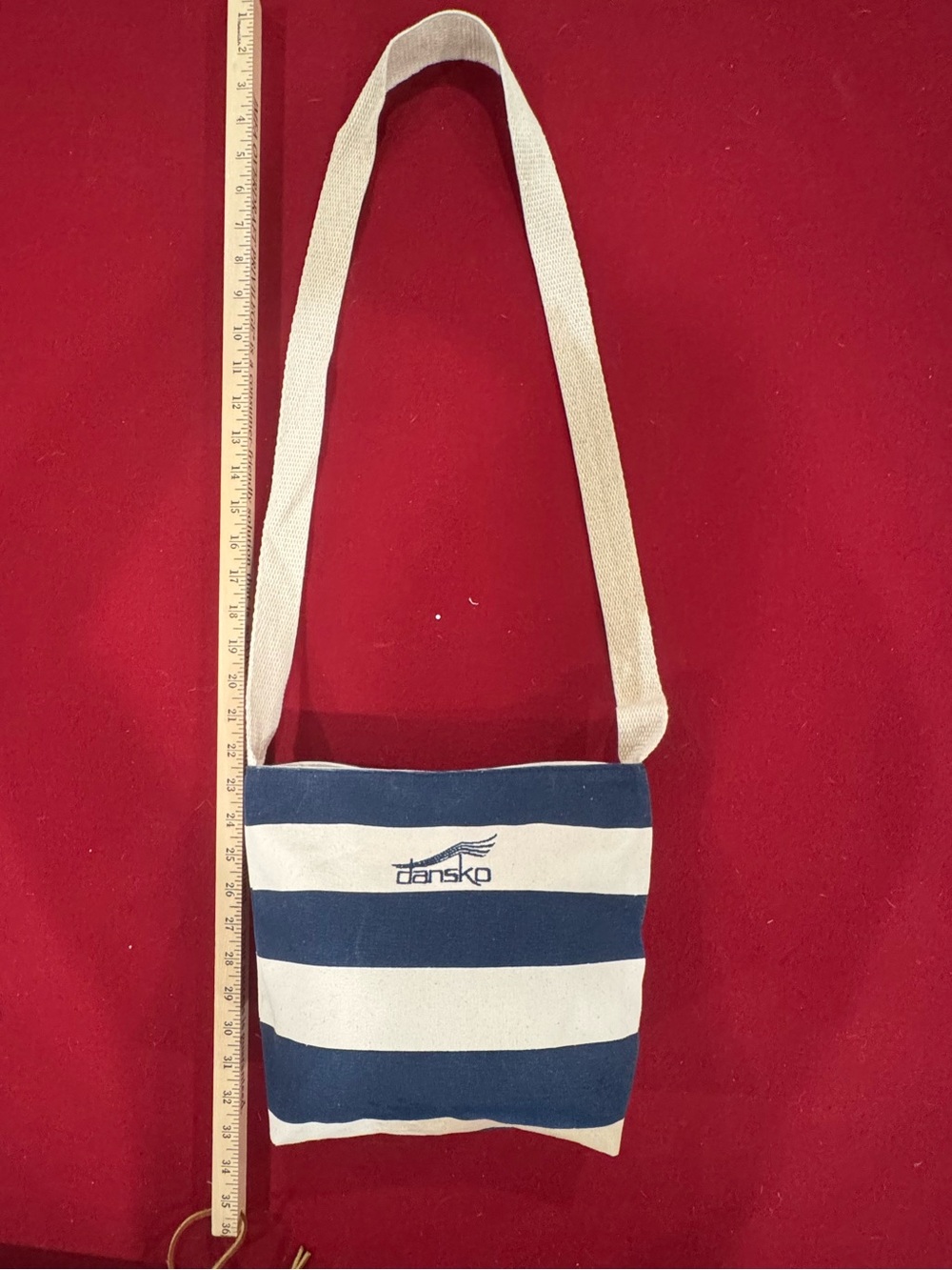 Dansko Cream & Navy Blue Striped Canvas Crossbody Hand Bag Purse Snap Nautical